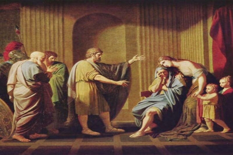 Νεοκλασικός πίνακας που απεικονίζει μια δραματική σκηνή στην αρχαία Αθήνα: ένοπλοι στρατιώτες στα αριστερά και μια οικογένεια σε απόγνωση στα δεξιά, με έναν άνδρα στο κέντρο να χειρονομεί.