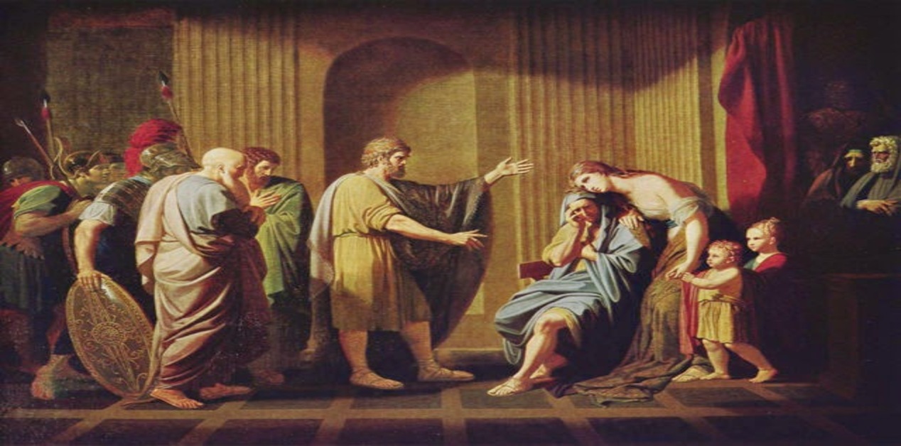 Νεοκλασικός πίνακας που απεικονίζει μια δραματική σκηνή στην αρχαία Αθήνα: ένοπλοι στρατιώτες στα αριστερά και μια οικογένεια σε απόγνωση στα δεξιά, με έναν άνδρα στο κέντρο να χειρονομεί.