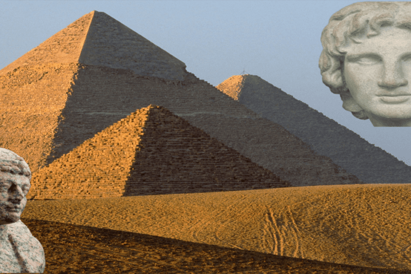Κολάζ με τις Πυραμίδες της Γκίζας στο φόντο και ένθετες προτομές του Μεγάλου Αλεξάνδρου και ενός Αιγύπτιου Φαραώ.
