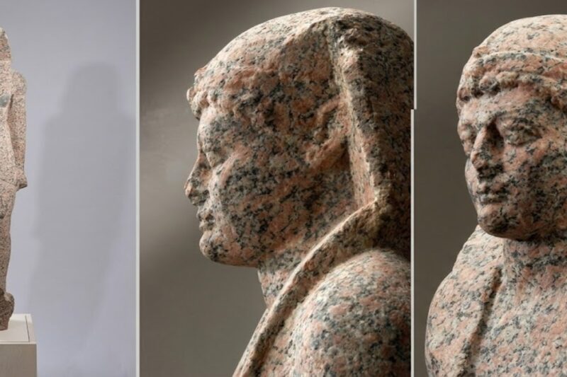 Κολάζ τριών εικόνων του αγάλματος του Μεγάλου Αλεξάνδρου ως Φαραώ: ολόσωμη άποψη, προφίλ και πρόσωπο.