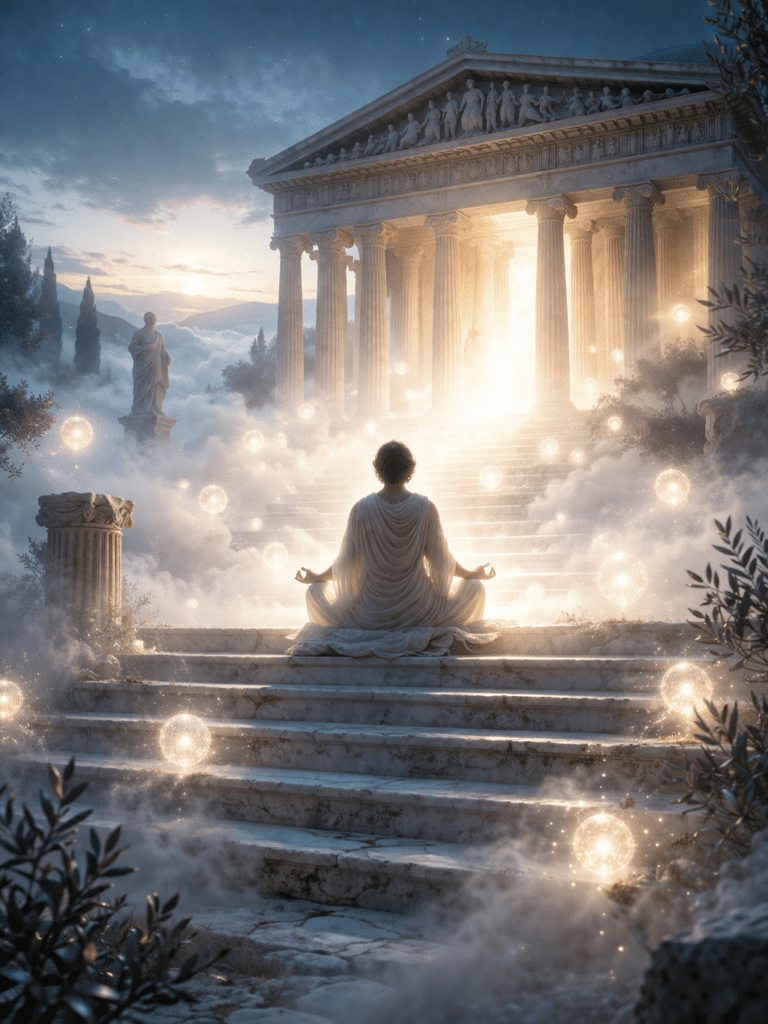 Ένα άτομο με λευκό χιτώνα κάθεται σε στάση λωτού (διαλογισμός) σε πέτρινα σκαλιά, κοιτάζοντας προς έναν μεγαλοπρεπή αρχαίο ελληνικό ναό που λάμπει στο βάθος, περιτριγυρισμένο από λαμπερές σφαίρες φωτός.