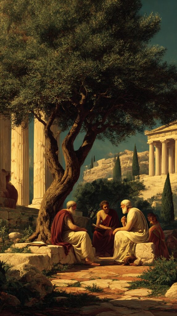 Ένας πίνακας που απεικονίζει τρεις ηλικιωμένους άνδρες με λευκές γενειάδες, ντυμένους με αρχαίους ελληνικούς χιτώνες, καθισμένους σε πέτρινα σκαλιά σε μια αυλή, να συζητούν. Κάθονται κάτω από τη σκιά μιας μεγάλης, ροζιασμένης ελιάς. Αρχαία ελληνική αρχιτεκτονική και κυπαρίσσια είναι ορατά στο βάθος.