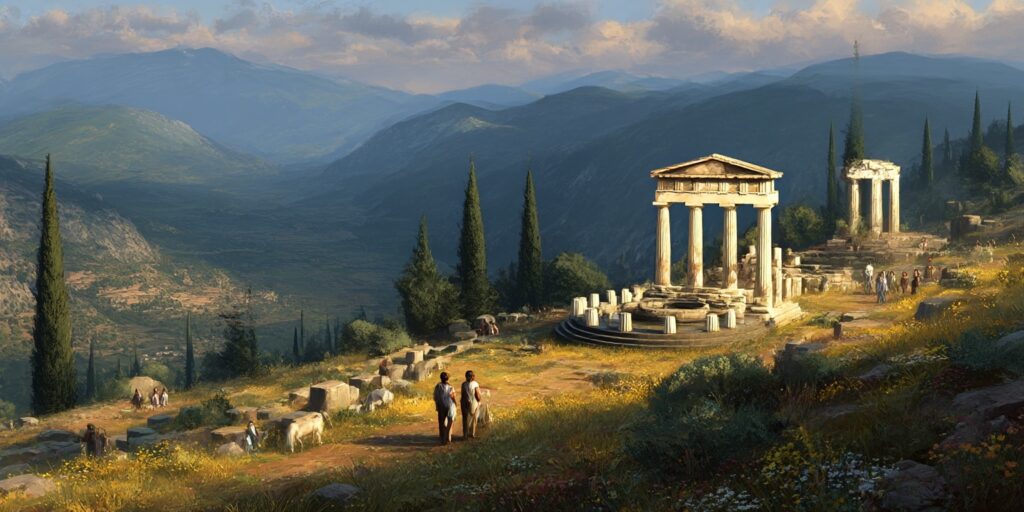 Μια ευρεία λήψη τοπίου μιας κοιλάδας στην αρχαία Ελλάδα, περιτριγυρισμένης από βουνά. Δύο άτομα με χιτώνες περπατούν σε ένα μονοπάτι προς έναν εν μέρει ερειπωμένο αρχαίο ελληνικό ναό σε ένα λόφο. Tall κυπαρίσσια είναι ορατά.