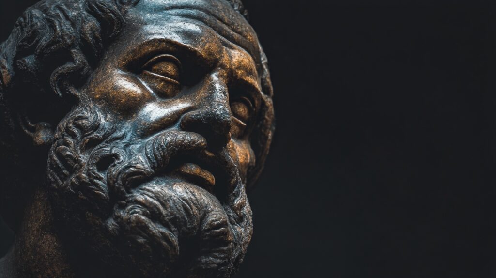Ένα κοντινό, λεπτομερές πλάνο αρχαίας μπρούτζινης ή σκουρόχρωμης πέτρινης γλυπτής κεφαλής ενός γενειοφόρου άνδρα με σγουρά μαλλιά, πιθανότατα Έλληνα φιλοσόφου.