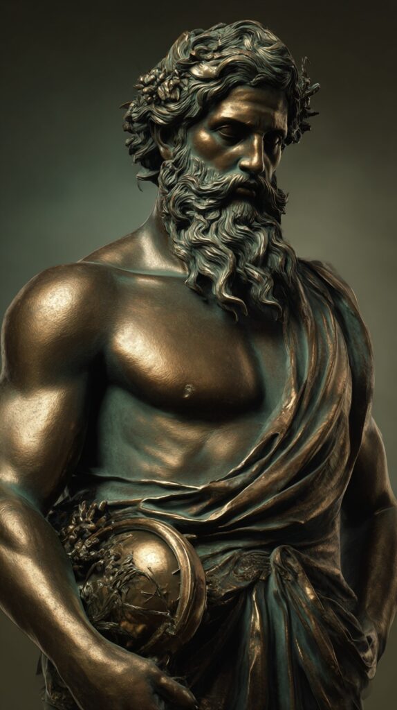 Μια φωτογραφία πλήρους σώματος ενός μπρούτζινου γλυπτού ενός ισχυρού, αθλητικού αρχαίου Έλληνα άνδρα, πιθανότατα θεού. Έχει σγουρά μαλλιά, γενειάδα και φοράει χιτώνα. Κρατάει ένα στρογγυλό αντικείμενο στο αριστερό του χέρι. Το φόντο είναι σκούρο.