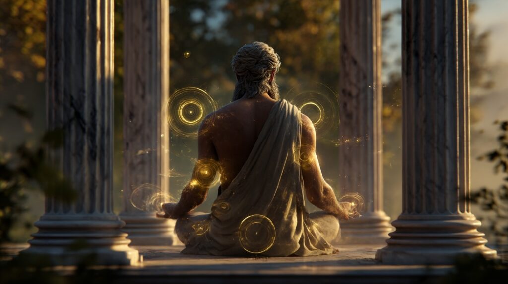 Αρχαίος Έλληνας φιλόσοφος σε βαθύ διαλογισμό μέσα σε ναό με κίονες, περιτριγυρισμένος από χρυσές φωτεινές σφαίρες ενέργειας, σε μυστικιστική ατμόσφαιρα.