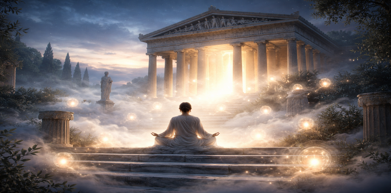 Μια φιγούρα με λευκά ρούχα κάνει διαλογισμό σε μαρμάρινα σκαλιά μπροστά από έναν μεγαλοπρεπή αρχαίο ελληνικό ναό. Έντονο φως βγαίνει από τον ναό, ενώ λαμπερές χρυσές σφαίρες επιπλέουν στην ομίχλη που περιβάλλει τη σκηνή.