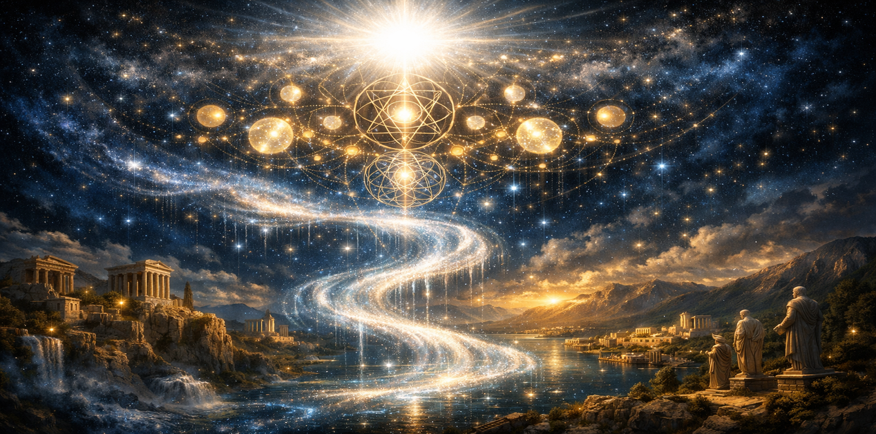 Νεοπλατωνικό σύμπαν με εκτυφλωτικό φως στην κορυφή, γεωμετρικά μοτίβα και αστρικό ποτάμι που καταλήγει σε αρχαίο ελληνικό κόσμο.