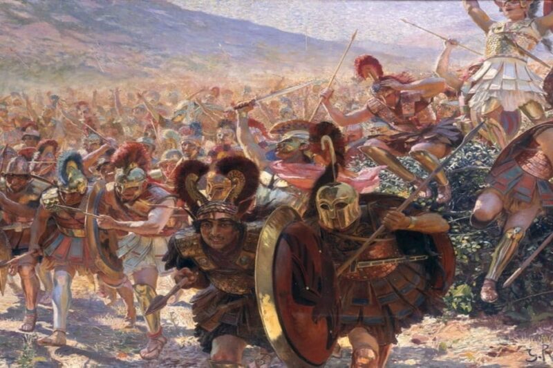 Ελαιογραφία που απεικονίζει μια ορμητική και χαοτική επίθεση αρχαίων Ελλήνων οπλιτών με ασπίδες και δόρατα σε πεδίο μάχης.