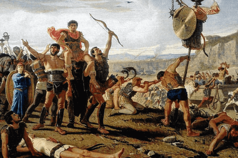 Μια αναπαράσταση ενός ρωμαϊκού στρατού που μεταφέρει έναν στρατιώτη σε ένα κρεβάτι.