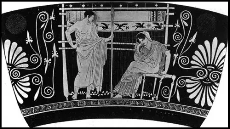Αρχαία ελληνική παράσταση γυναίκας που υφαίνει στον αργαλειό μέσα στον Γυναικωνίτη.