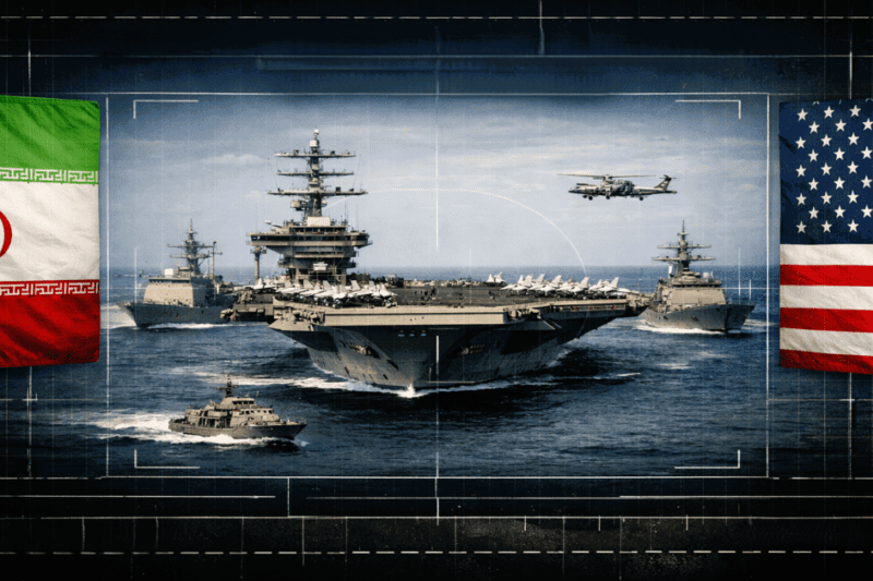 Σύνθετη εικόνα με έναν στόλο πολεμικών πλοίων (συμπεριλαμβανομένου ενός αεροπλανοφόρου) στη θάλασσα, με τη σημαία του Ιράν (αριστερά) και των ΗΠΑ (δεξιά) στις γωνίες, και γραφικά στρατιωτικού στόχου.