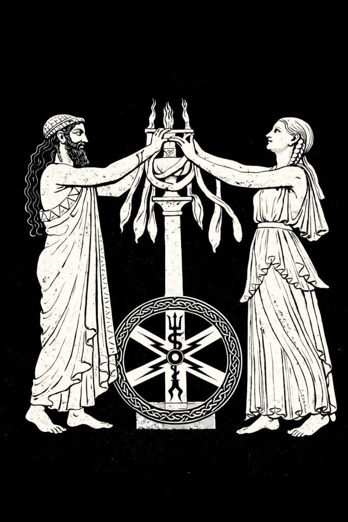 Ασπρόμαυρη εικονογράφηση σε στυλ χαρακτικού που απεικονίζει μια κλασική ελληνική ανδρική και γυναικεία φιγούρα να ενώνονται πάνω από μια κεντρική στήλη με φλόγες, η οποία στηρίζεται σε έναν μεγάλο, περίτεχνο τροχό με κοσμικά σύμβολα.