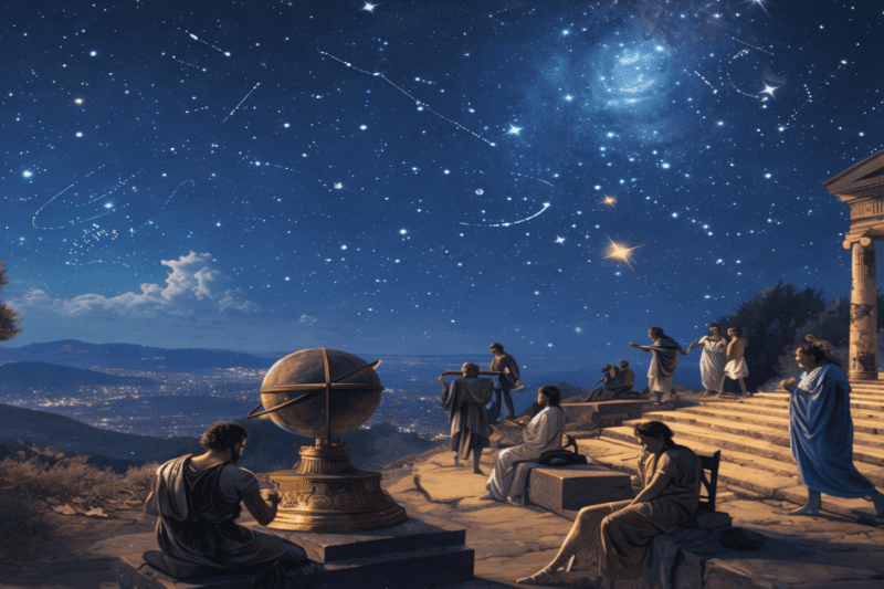 Μια ομάδα ανθρώπων με αρχαία ενδυμασία παρατηρεί τον έναστρο ουρανό και μια χρυσή ουράνια σφαίρα δίπλα σε έναν αρχαίο κλασικό ναό τη νύχτα.