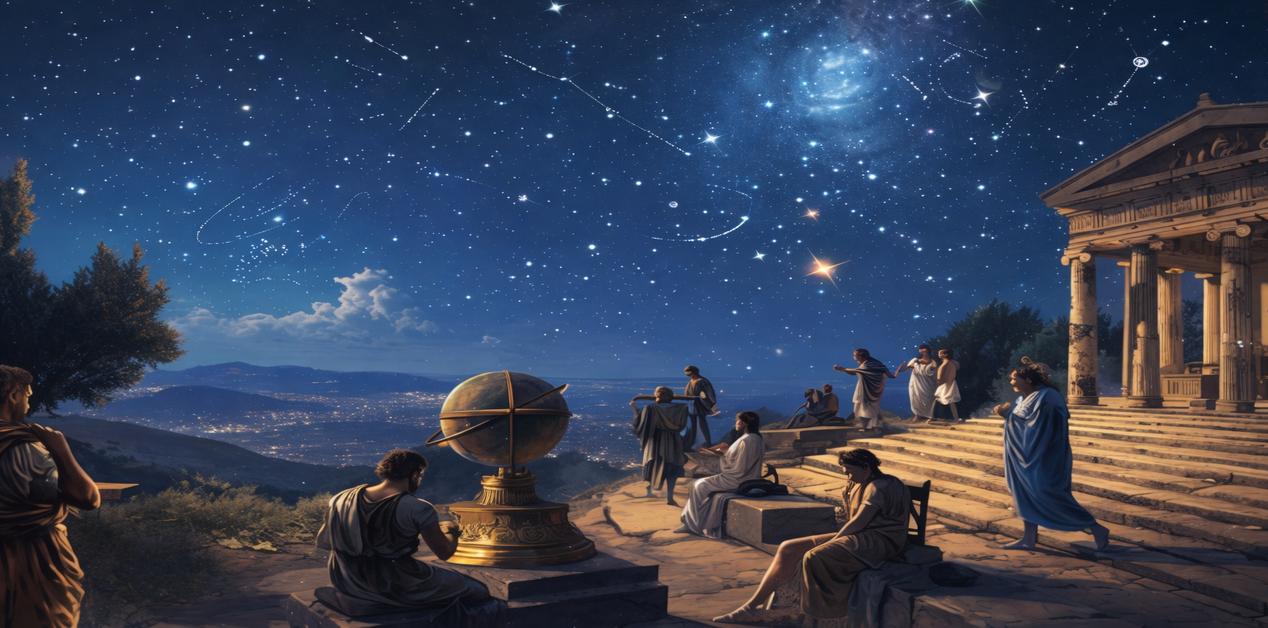 Μια ομάδα ανθρώπων με αρχαία ενδυμασία παρατηρεί τον έναστρο ουρανό και μια χρυσή ουράνια σφαίρα δίπλα σε έναν αρχαίο κλασικό ναό τη νύχτα.