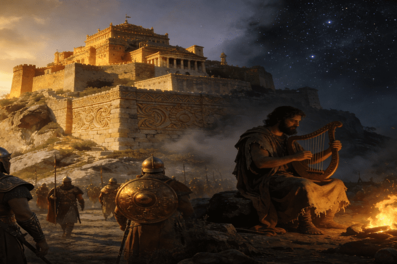 Καλλιτεχνική απεικόνιση της μετάβασης από τον Μυκηναϊκό πολιτισμό στους Σκοτεινούς Αιώνες, με ένα επιβλητικό ανάκτορο στα αριστερά και έναν ραψωδό σε ένα μυστικιστικό τοπίο στα δεξιά.