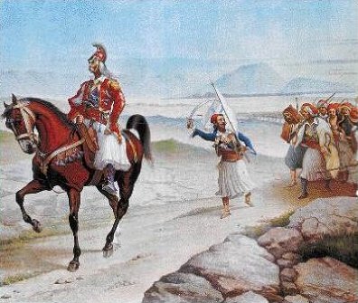 Ιστορικός πίνακας που απεικονίζει τον Θεόδωρο Κολοκοτρώνη, με την κόκκινη στολή του, να ηγείται μιας ομάδας Ελλήνων επαναστατών κατά την Ελληνική Επανάσταση του 1821, σύμβολο του αγώνα για την ελευθερία.