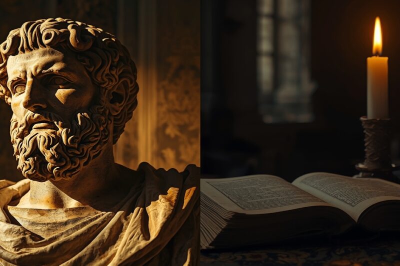 Σύνθεση εικόνας με ένα αρχαιοελληνικό άγαλμα φιλοσόφου αριστερά και ένα μεσαιωνικό χριστιανικό χειρόγραφο με αναμμένο κερί δεξιά, που συμβολίζει την ιδεολογική σύγκρουση και τα 86 αρνητικά του Χριστιανισμού.