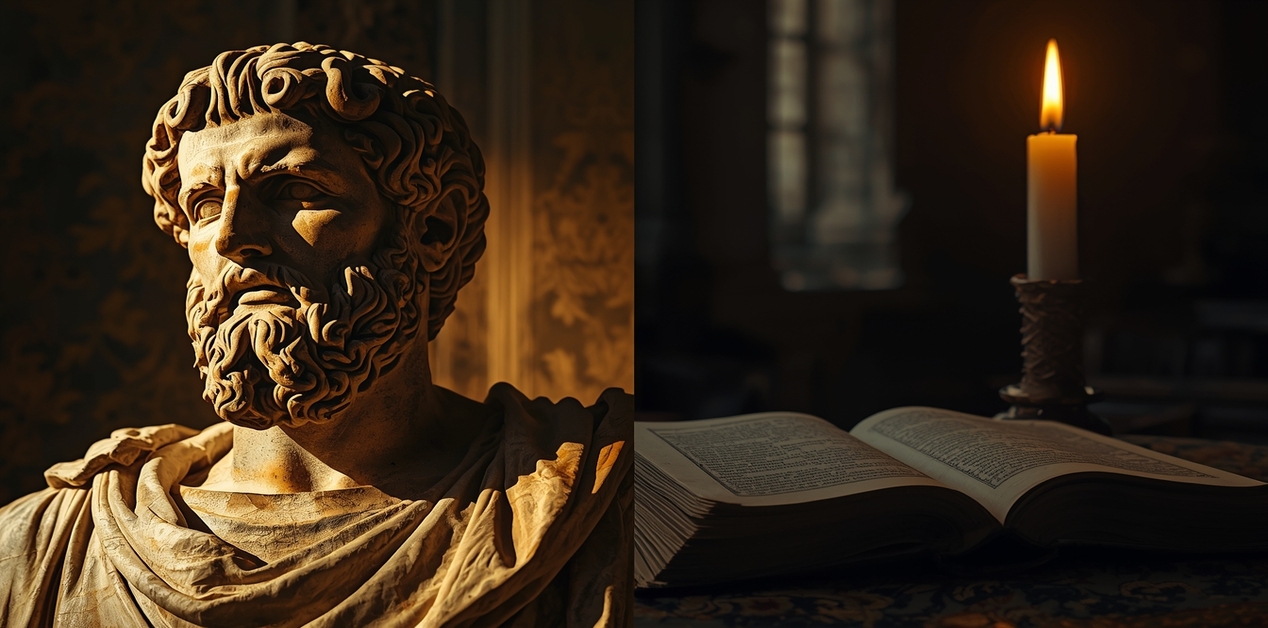 Σύνθεση εικόνας με ένα αρχαιοελληνικό άγαλμα φιλοσόφου αριστερά και ένα μεσαιωνικό χριστιανικό χειρόγραφο με αναμμένο κερί δεξιά, που συμβολίζει την ιδεολογική σύγκρουση και τα 86 αρνητικά του Χριστιανισμού.