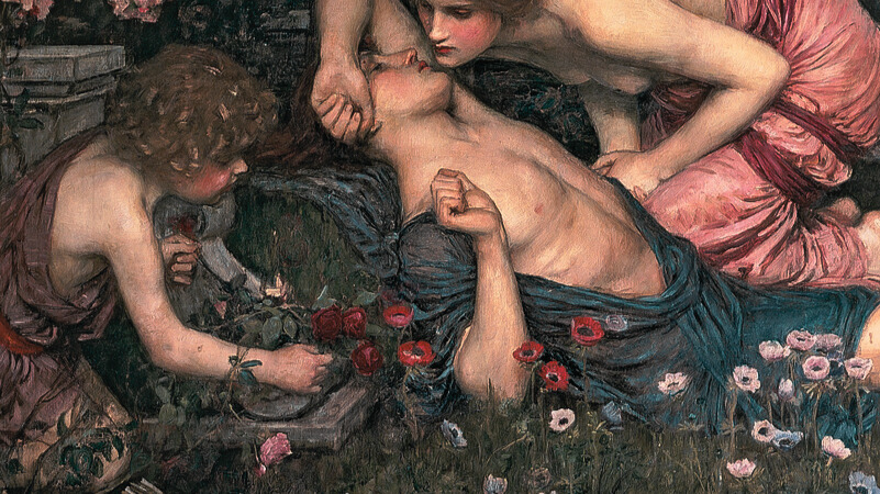 Λεπτομέρεια από τον πίνακα "The Mourning of Adonis" (1872) του John William Waterhouse. Δύο γυναικείες φιγούρες, μία με ροζ φόρεμα, και ένα μικρό φτερωτό παιδί σκύβουν πάνω από το σώμα ενός άνδρα ξαπλωμένου στο γρασίδι με λουλούδια.