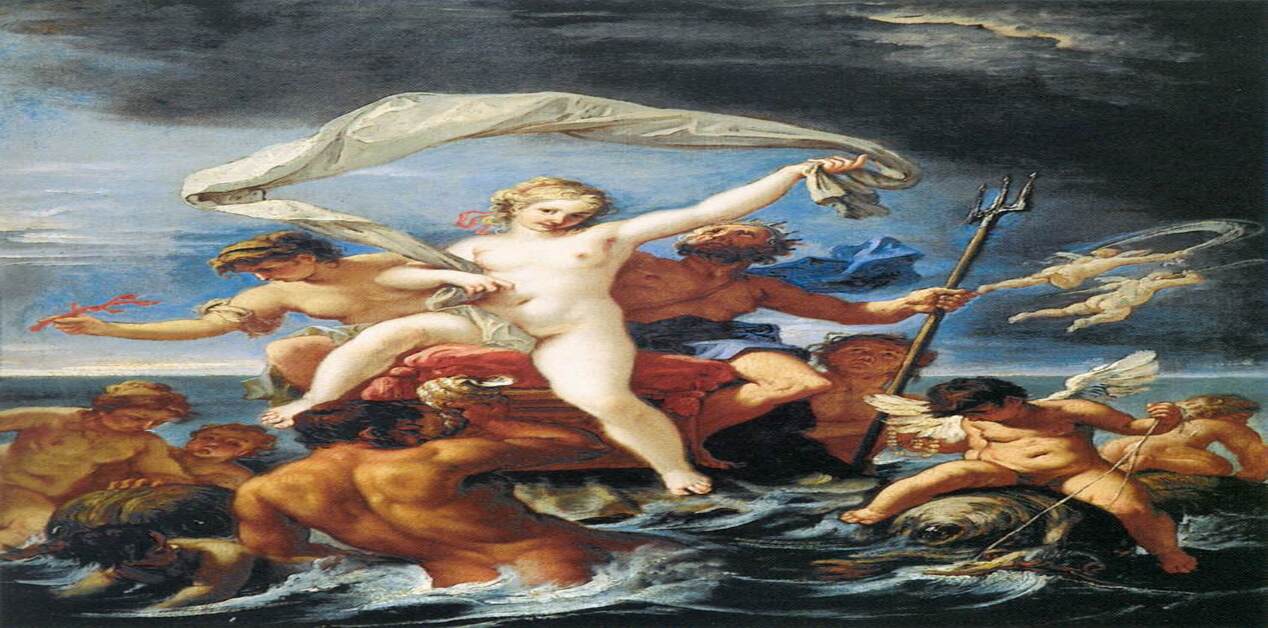 Δραματικός μπαρόκ πίνακας με τον Ποσειδώνα και την Αμφιτρίτη σε ένα άρμα-κοχύλι στη θάλασσα. Ο Ποσειδώνας κρατά μια τρίαινα, η Αμφιτρίτη κρατά ένα λευκό ύφασμα, και περιβάλλονται από Τρίτωνες, Νηρηίδες και ερωτιδείς κάτω από έναν σκοτεινό, συννεφιασμένο ουρανό.