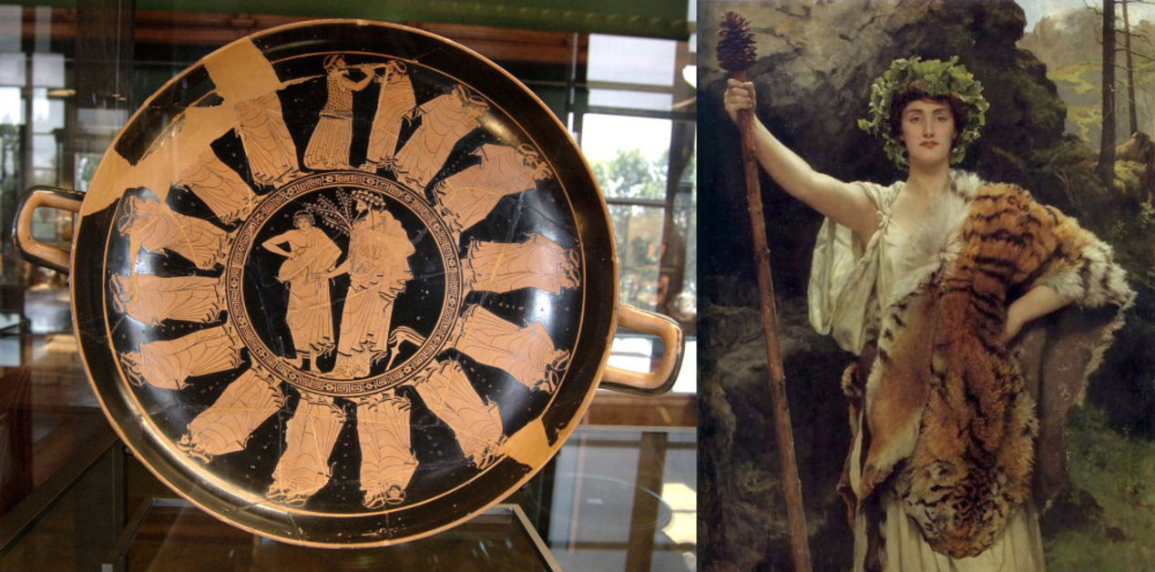 Κολάζ εικόνων για τα Απατούρια με αρχαία αγγειογραφία και καλλιτεχνική αναπαράσταση διονυσιακής λατρείας.