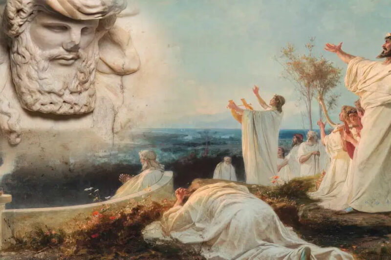 Μια σύνθετη, ζωγραφική απεικόνιση αρχαιοελληνικής λατρευτικής σκηνής. Στα αριστερά, ένα τεράστιο, επιβλητικό μαρμάρινο γλυπτό μιας γενειοφόρου ανδρικής φιγούρας (πιθανώς θεού) δεσπόζει πάνω από μικρότερους πιστούς. Στο προσκήνιο, μια γυναίκα είναι ξαπλωμένη πρηνής στο έδαφος σε στάση βαθιάς λατρείας. Στα δεξιά, μια ομάδα ιερέων με λευκούς χιτώνες εκτελεί μια τελετουργική πομπή, παίζοντας λύρες και τραγουδώντας, με έναν ηγετικό ιερέα να σηκώνει τα χέρια. Ένας βωμός με καπνό και άλλη μια φιγούρα που κάθεται φαίνονται επίσης.