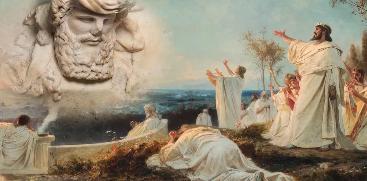 Μια σύνθετη, ζωγραφική απεικόνιση αρχαιοελληνικής λατρευτικής σκηνής. Στα αριστερά, ένα τεράστιο, επιβλητικό μαρμάρινο γλυπτό μιας γενειοφόρου ανδρικής φιγούρας (πιθανώς θεού) δεσπόζει πάνω από μικρότερους πιστούς. Στο προσκήνιο, μια γυναίκα είναι ξαπλωμένη πρηνής στο έδαφος σε στάση βαθιάς λατρείας. Στα δεξιά, μια ομάδα ιερέων με λευκούς χιτώνες εκτελεί μια τελετουργική πομπή, παίζοντας λύρες και τραγουδώντας, με έναν ηγετικό ιερέα να σηκώνει τα χέρια. Ένας βωμός με καπνό και άλλη μια φιγούρα που κάθεται φαίνονται επίσης.