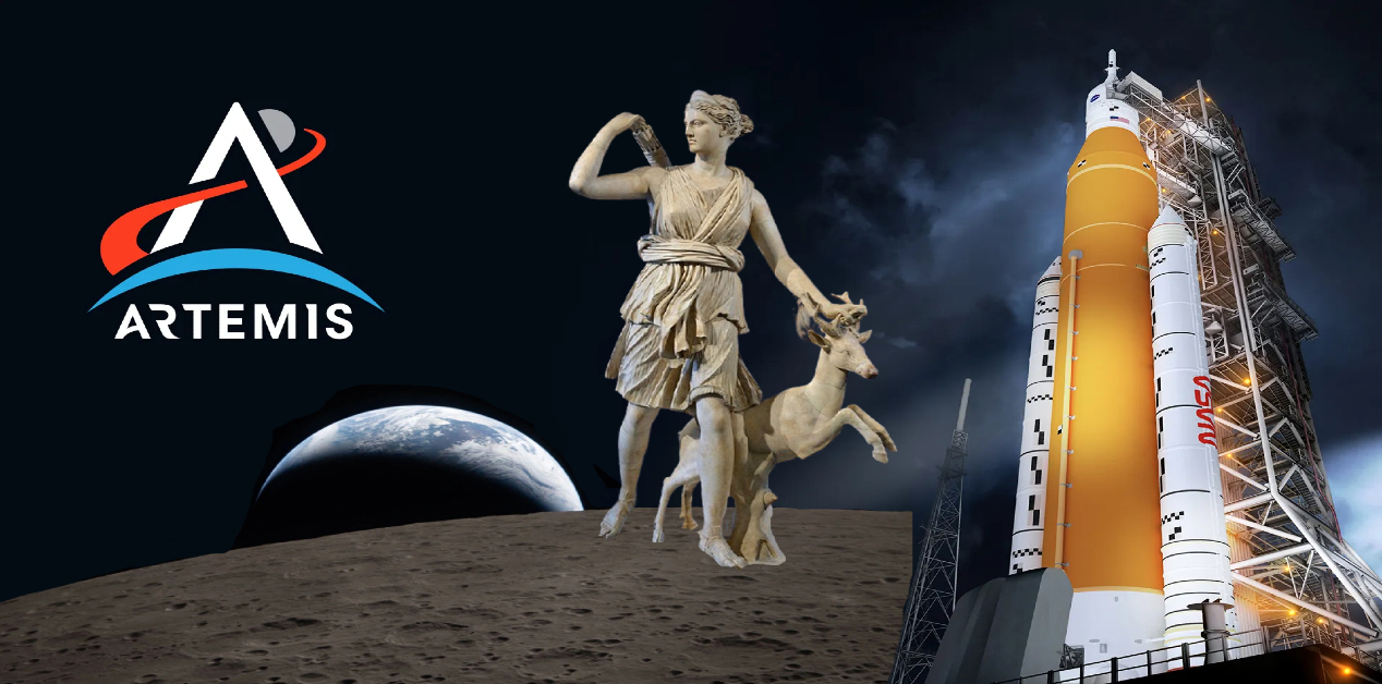 Άρτεμις: Γιατί η NASA επιλέγει ονόματα από την Ελληνική μυθολογία - Σύνθετη εικόνα με κλασικό άγαλμα της θεάς Άρτεμης, το λογότυπο του προγράμματος NASA Artemis και τον πύραυλο SLS σε ένα σεληνιακό τοπίο με τη Γη στον ουρανό.