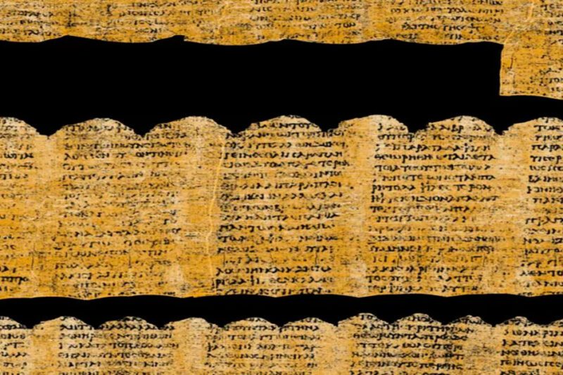 Τμήματα αρχαίου παπύρου με ελληνική γραφή στοιχιμένα οριζόντια σε μαύρο φόντο.