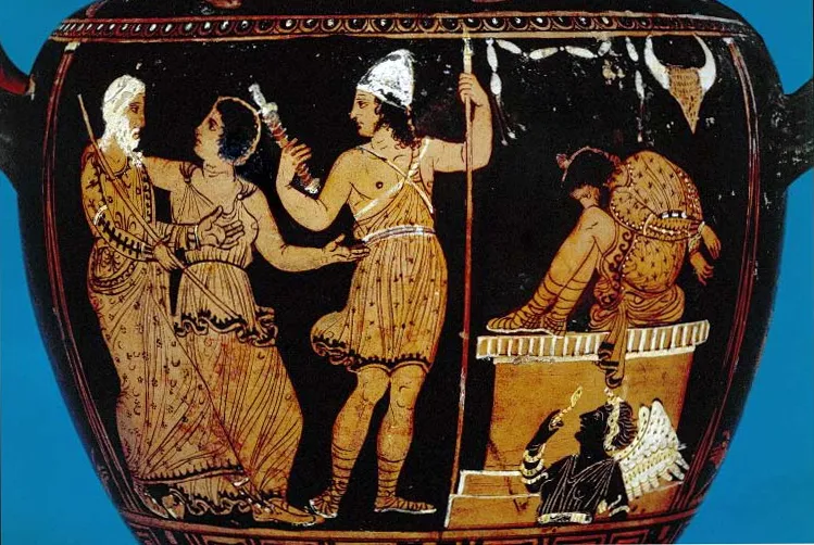 Λεπτομέρεια αρχαιοελληνικού ερυθρόμορφου αγγείου που απεικονίζει έναν ηλικιωμένο άνδρα, μια γυναίκα, έναν πολεμιστή και έναν άνδρα με δεμένα χέρια να κάθεται σε βωμό.