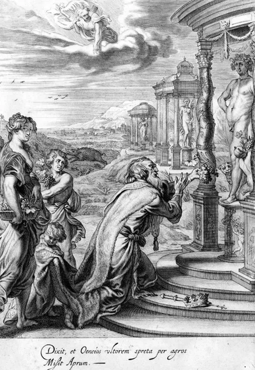 Ασπρόμαυρο χαρακτικό με τον ηλικιωμένο Οινέα γονατιστό να προσφέρει σταφύλια σε ένα άγαλμα θεότητας, με έναν αγριόχοιρο να διακρίνεται στο βάθος.