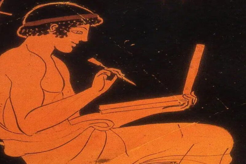 Πώς οι αρχαίοι Έλληνες κατέκτησαν την επικοινωνία σε όλες τις χώρες και τους χρόνους - Λεπτομέρεια από αρχαία ελληνική ερυθρόμορφη αγγειογραφία: Ένας καθισμένος νεαρός Έλληνας, με κορδέλα στα μαλλιά, γράφει με γραφίδα σε ανοιχτές, πτυσσόμενες ξύλινες πινακίδες κεριού. Στο βάθος κρέμεται μια λύρα.