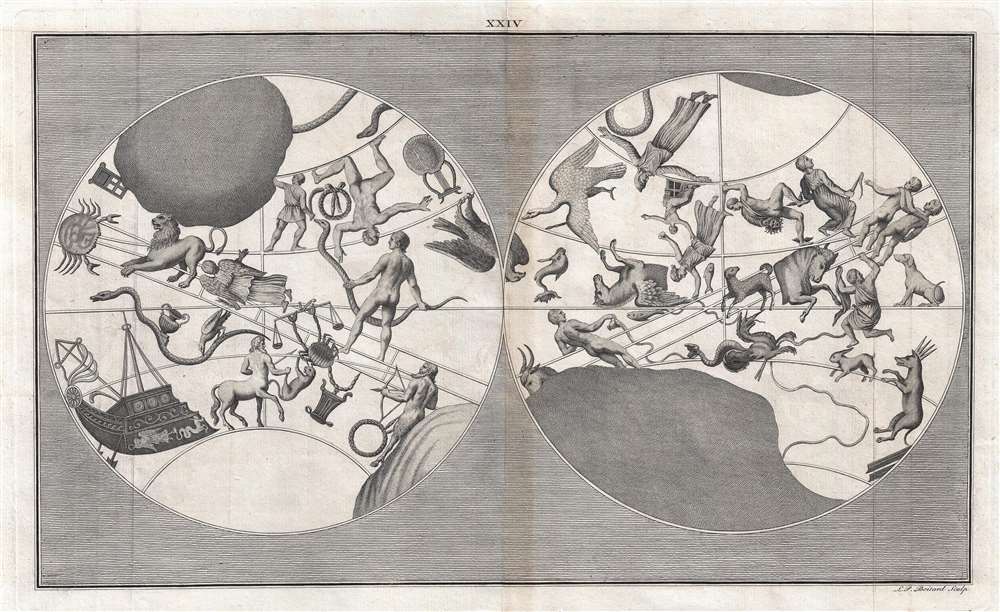 Ιστορικός χάρτης με τους αρχαίους ελληνικούς αστερισμούς στο βόρειο και νότιο ημισφαίριο.