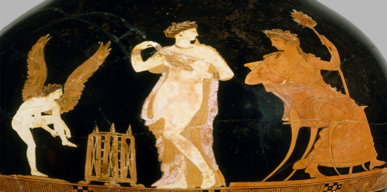 Αρχαίο ελληνικό ερυθρόμορφο αγγείο με απεικόνιση γυναικών σε τελετουργία και διονυσιακά σύμβολα, ενδεικτικά της γιορτής στα Αθηναϊκά Αλώα.