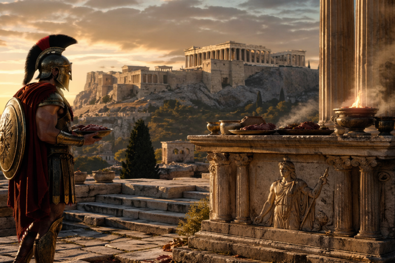 Ένας Έλληνας οπλίτης με πλήρη πανοπλία κάνει θυσία σε φλεγόμενο βωμό. Στο βάθος, η Ακρόπολη της Αθήνας κάτω από ηλιοβασίλεμα.