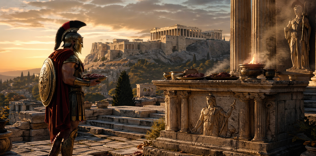 Ένας Έλληνας οπλίτης με πλήρη πανοπλία κάνει θυσία σε φλεγόμενο βωμό. Στο βάθος, η Ακρόπολη της Αθήνας κάτω από ηλιοβασίλεμα.