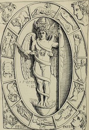 Σχέδιο του Φάνη, της ορφικής θεότητας της δημιουργίας, μέσα στον ζωδιακό κύκλο με ένα φίδι τυλιγμένο γύρω του.