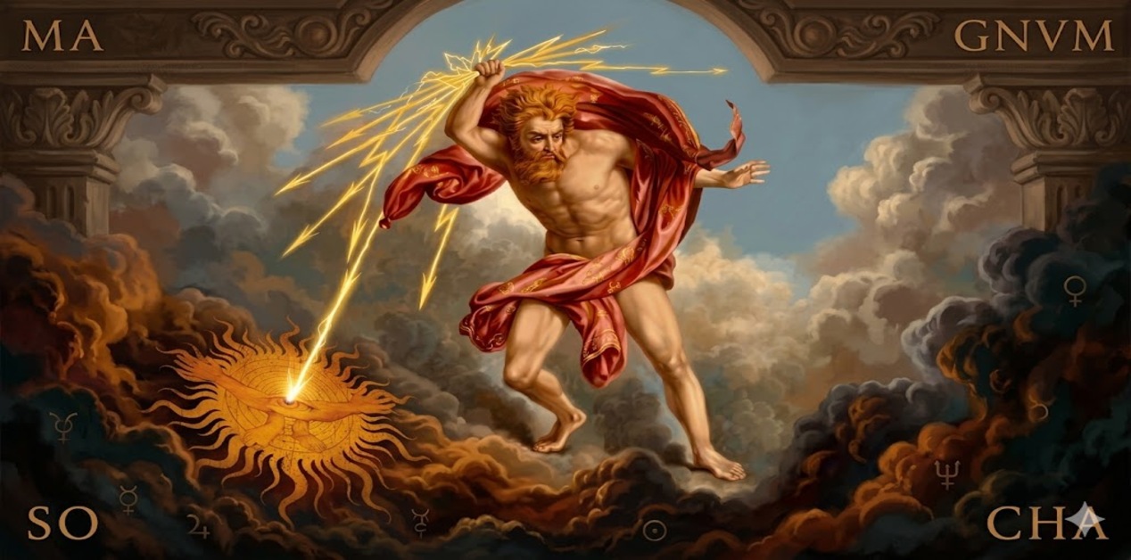 Ο Δίας εν μέσω νεφών ρίχνει κεραυνούς προς το σύμβολο του Χάους, περιτριγυρισμένος από αστρολογικά σύμβολα.