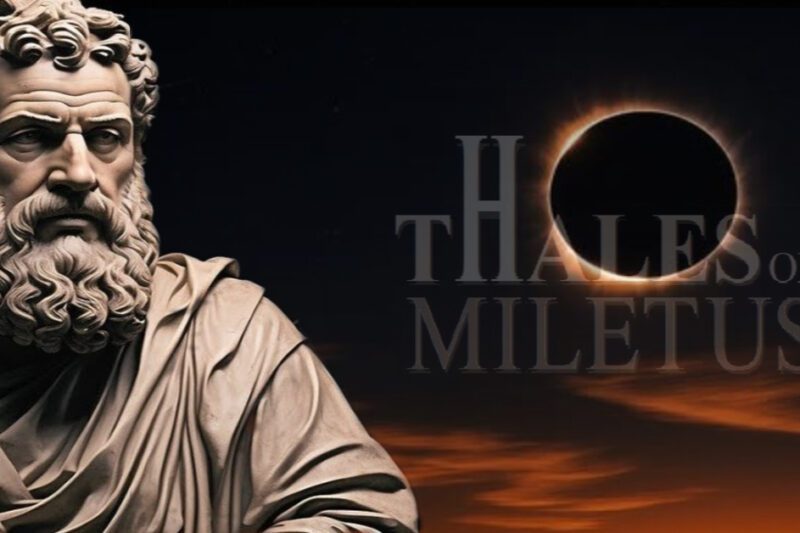 Έκλειψη Ειρήνης: Το Αρχαίο Ηλιακό Φαινόμενο που Σταμάτησε έναν Πόλεμο - Ψηφιακή εικόνα που δείχνει ένα άγαλμα του αρχαίου Έλληνα φιλοσόφου Θαλή του Μιλήσιου στα αριστερά, μια ολική ηλιακή έκλειψη στα δεξιά και την επιγραφή "THALES OF MILETUS" στο κέντρο, με φόντο έναν σκοτεινό ουρανό.