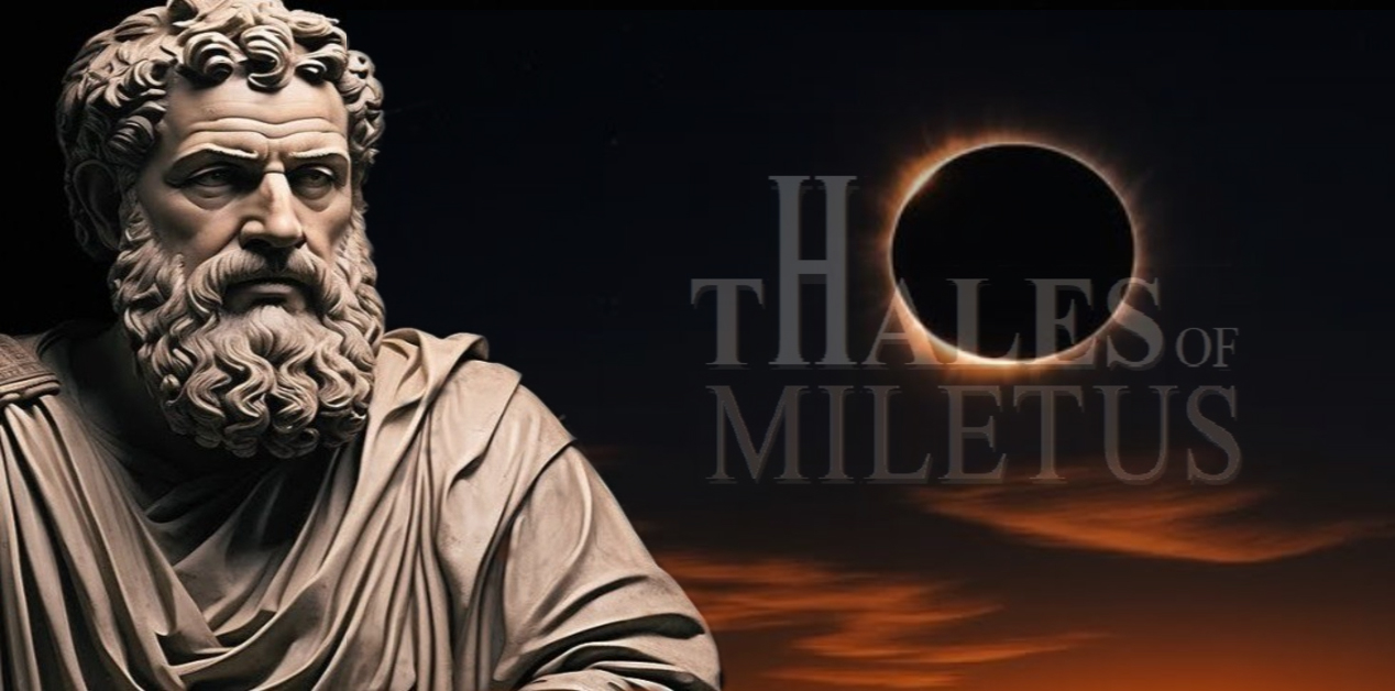 Έκλειψη Ειρήνης: Το Αρχαίο Ηλιακό Φαινόμενο που Σταμάτησε έναν Πόλεμο - Ψηφιακή εικόνα που δείχνει ένα άγαλμα του αρχαίου Έλληνα φιλοσόφου Θαλή του Μιλήσιου στα αριστερά, μια ολική ηλιακή έκλειψη στα δεξιά και την επιγραφή "THALES OF MILETUS" στο κέντρο, με φόντο έναν σκοτεινό ουρανό.