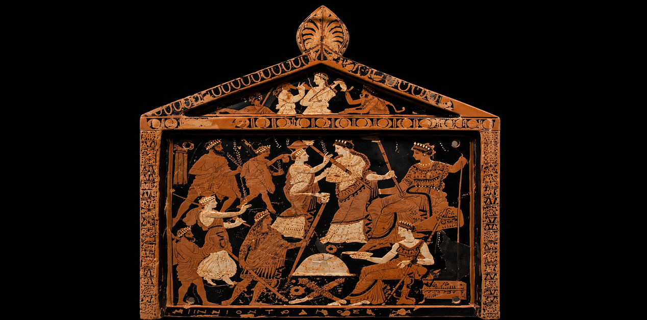 Ερυθρόμορφη αναθηματική πλακέτα (η Πλακέτα της Νιννίου) με σχήμα αετώματος, που δείχνει πομπή μυστών.