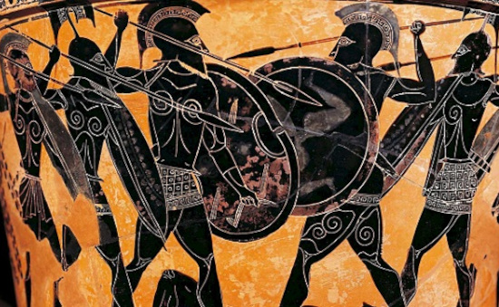Αρχαίο ελληνικό αγγείο με παράσταση οπλιτών που κρατούν στρογγυλές αργολικές ασπίδες.
