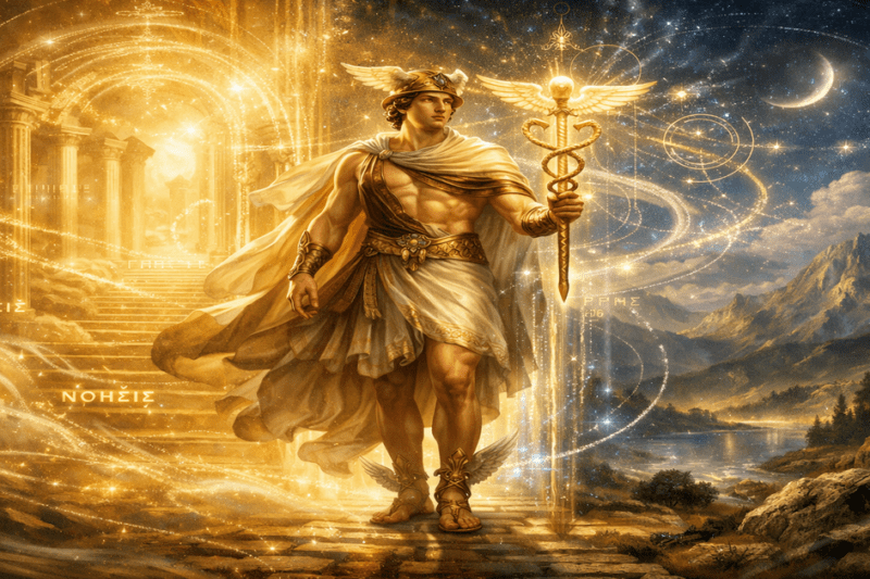 Ο θεός Ερμής στέκεται επιβλητικός σε ένα μαγευτικό, λαμπερό τοπίο με έναν αρχαίο ναό και έναν έναστρο ουρανό, περιτριγυρισμένος από χρυσό φως και αιωρούμενες λέξεις όπως "ΛΟΓΟΣ" και "ΓΝΩΣΙΣ".