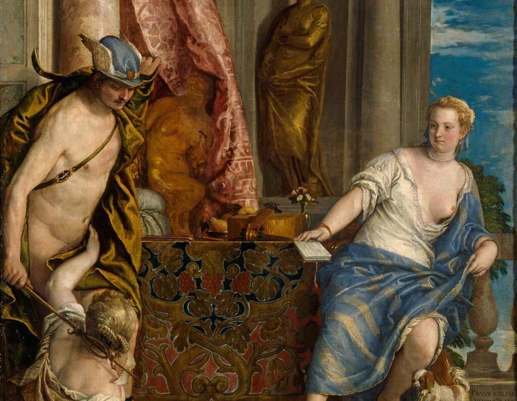 Αναγεννησιακός πίνακας που απεικονίζει τον Ερμή να εισέρχεται σε ένα δωμάτιο όπου βρίσκεται μια γυναίκα με γαλάζιο ένδυμα.