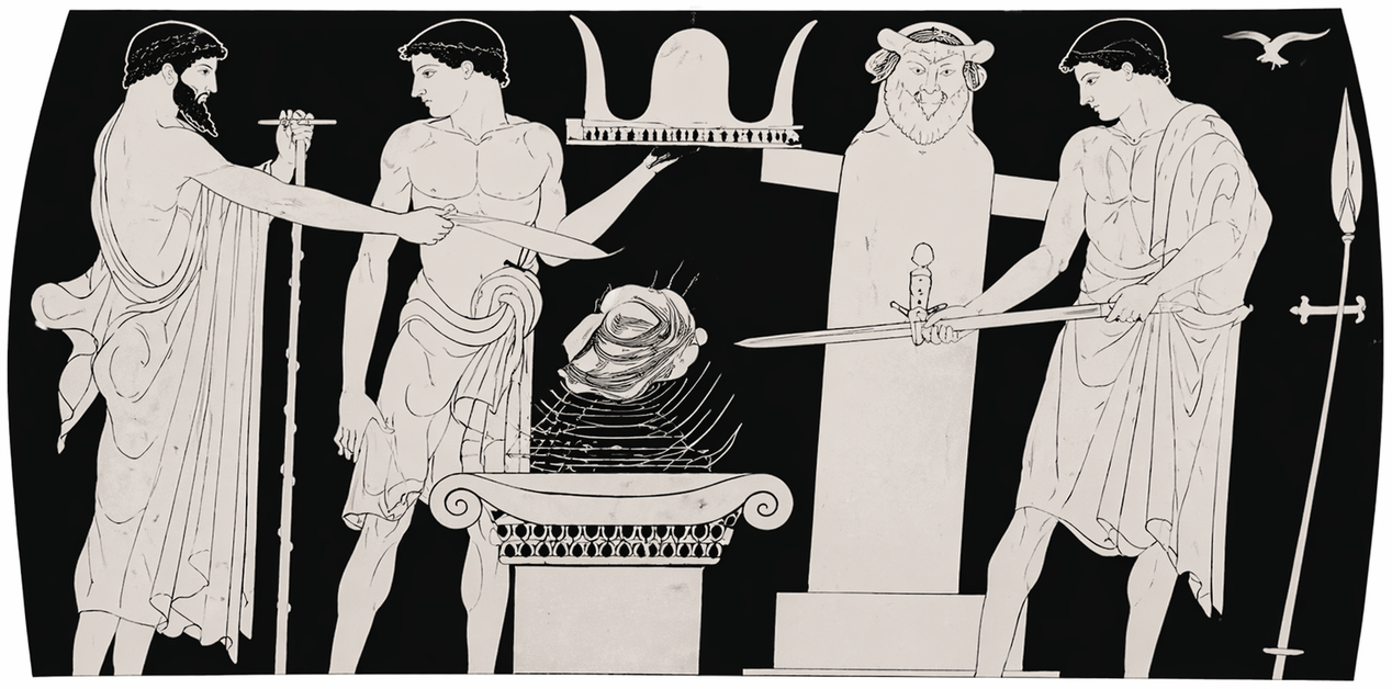 Ασπρόμαυρο σχέδιο αρχαίου ελληνικού αγγείου που απεικονίζει τελετή θυσίας κατά τη διάρκεια της γιορτής των Ερμαίων, με νεαρούς αθλητές και έναν ιερέα γύρω από έναν βωμό.