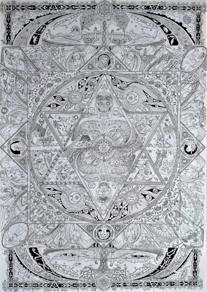 Πολύπλοκο γεωμετρικό και αστρολογικό διάγραμμα με σύμβολα του ήλιου, της σελήνης και του ζωδιακού κύκλου.