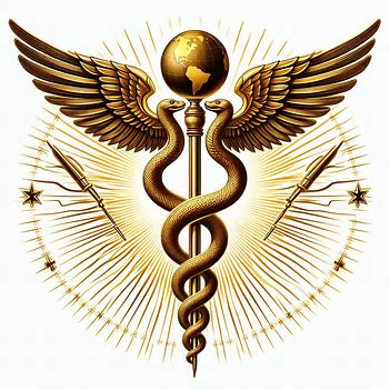 Λαμπερό χρυσό σύμβολο κηρυκείου με δύο φίδια και τη γη στην κορυφή.