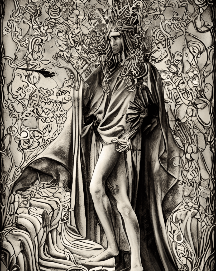 Στυλιζαρισμένο καλλιτεχνικό σχέδιο μιας μυστηριώδους μορφής μέσα σε περίτεχνα διακοσμητικά στοιχεία.