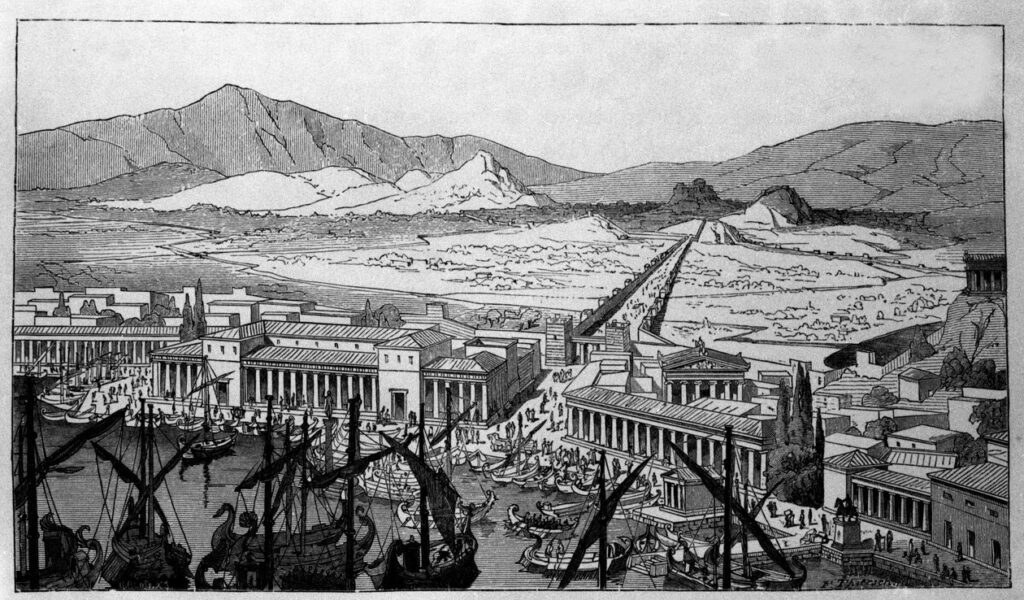Ένα ασπρόμαυρο χαρακτικό του 19ου αιώνα που απεικονίζει μια πολυσύχναστη, κλασική ελληνική πόλη-λιμάνι με πολλά πλοία, κτίρια με κίονες και ένα μεγάλο βουνό στο βάθος.